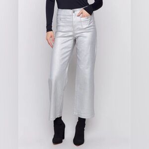 CHARLIE B Women's Argent Silver Metallic Wax Pants Flared Cropped Size 14 NEW